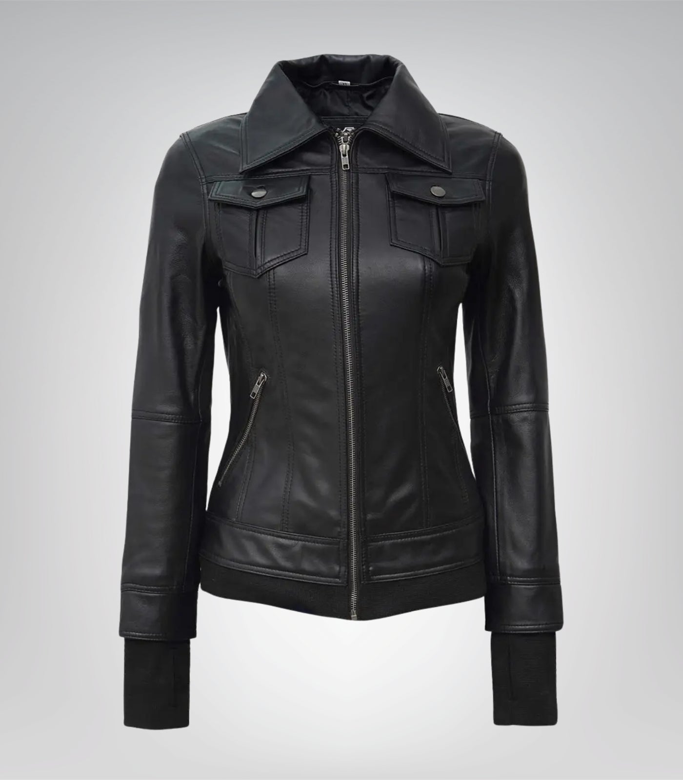 Stylish women’s black leather bomber jacket featuring detachable hood