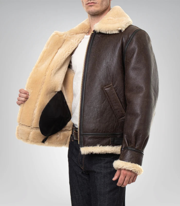 Men’s traditional brown shearling jacket – genuine leather design