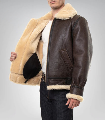 Men’s traditional brown shearling jacket – genuine leather design