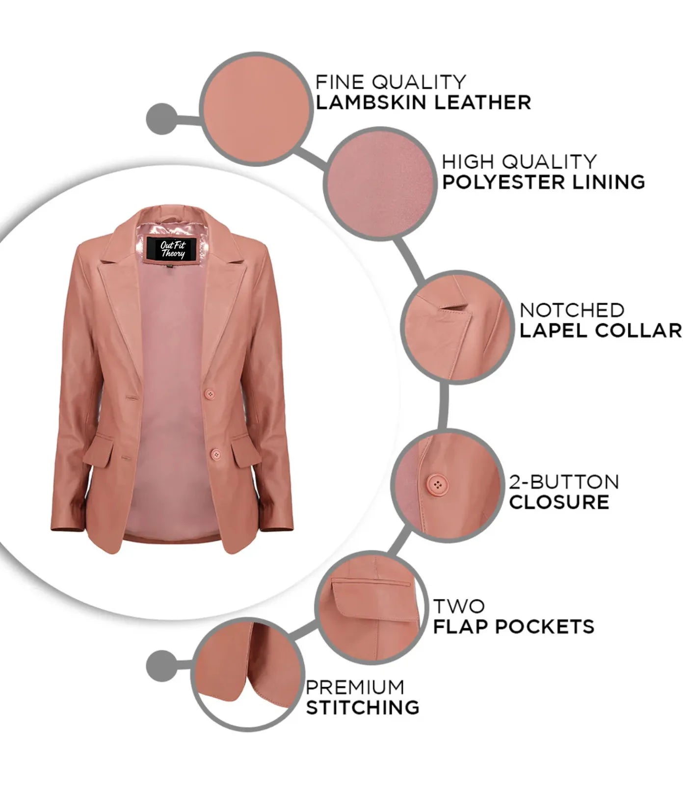 Classic pink leather blazer for women – soft lambskin, everyday style