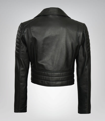 Women’s Black Cropped Moto Jacket with Asymmetrical Front