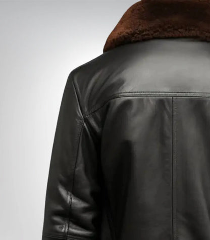 Warm black shearling-lined leather bomber jacket for men