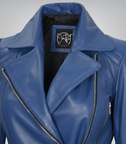 Women’s Blue Leather Biker Jacket with Asymmetrical Front and Belt
