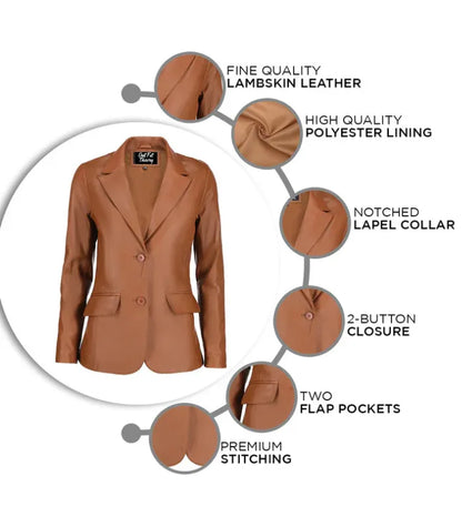 Classic cognac leather blazer for women – soft lambskin, everyday style
