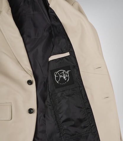 Stylish men’s beige leather blazer featuring two-button design and notch lapel