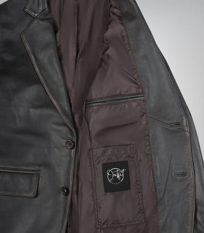 Stylish men’s distressed brown leather blazer featuring classic two-button design