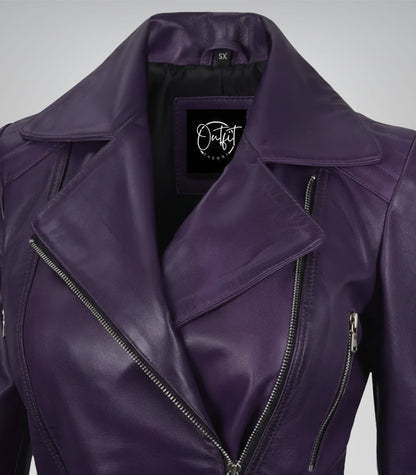 Women’s Purple Real Leather Biker Jacket with Belted Waist