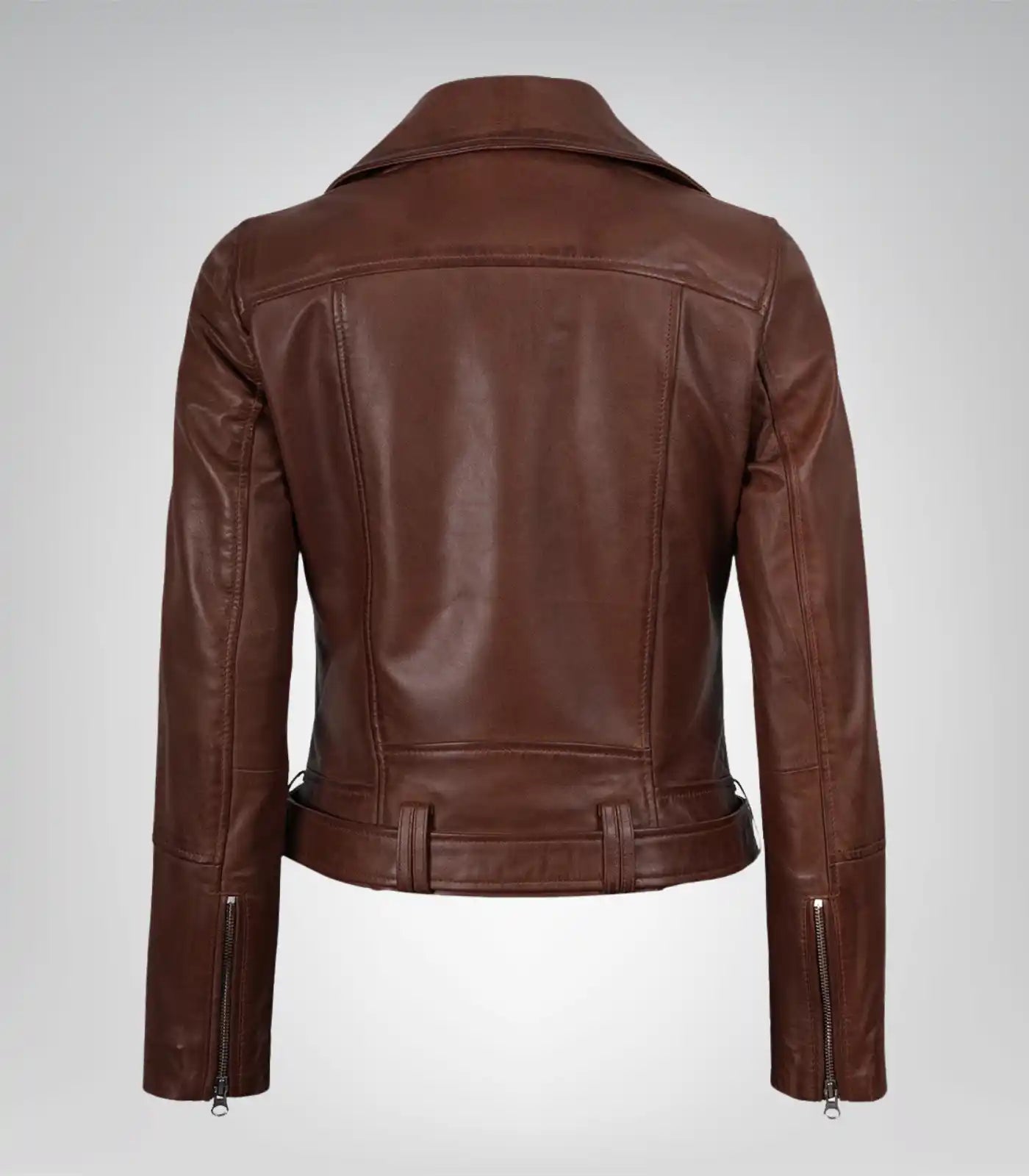 Stylish women’s cognac leather asymmetrical moto jacket with waist belt