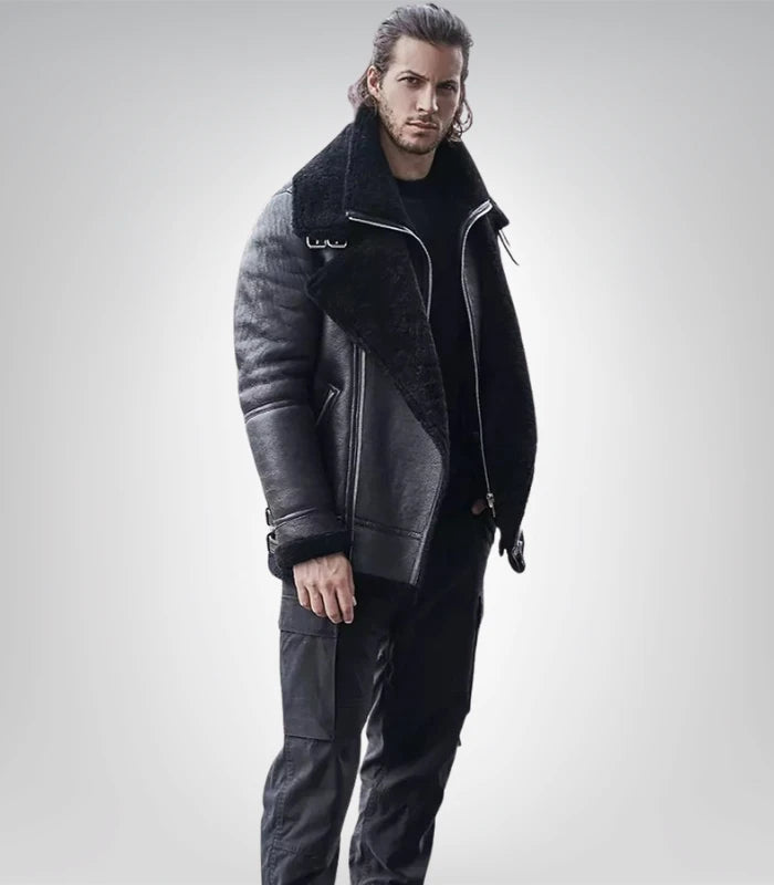 Classic men’s shearling-lined leather jacket – black B3 bomber style