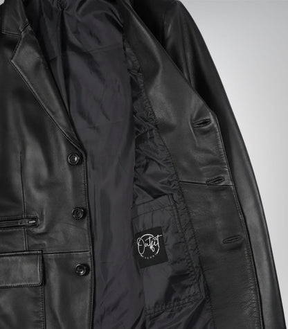 Stylish men’s black leather blazer featuring three-button design and traditional notch lapel