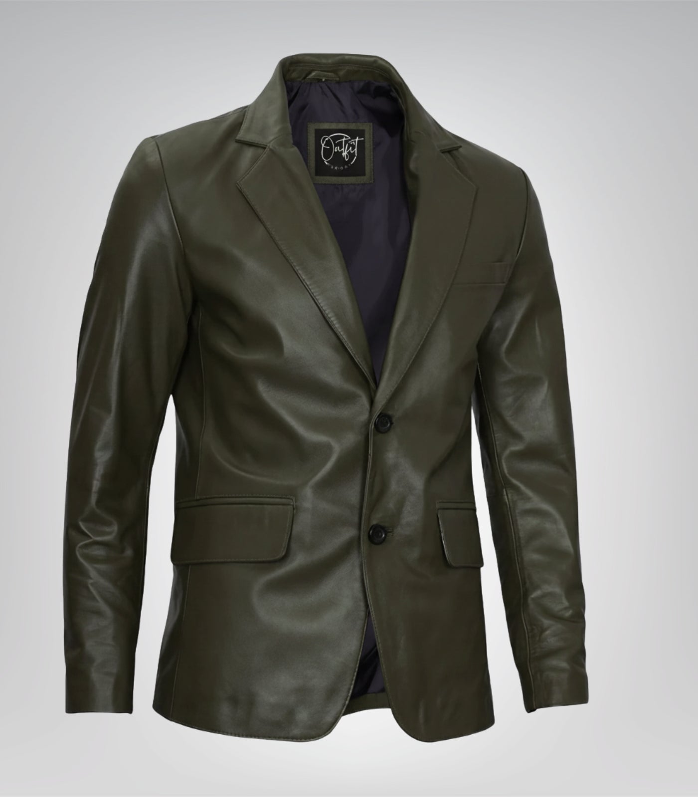 Stylish men’s olive green leather blazer jacket featuring two-button design