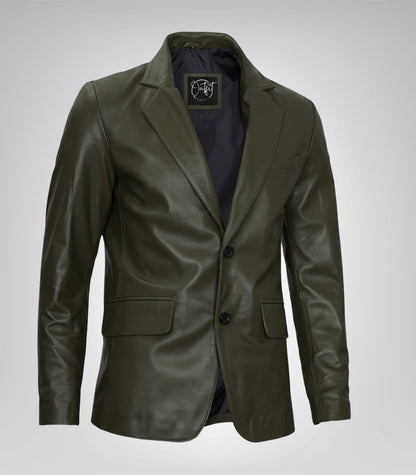 Stylish men’s olive green leather blazer jacket featuring two-button design
