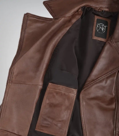 Stylish women’s cognac leather asymmetrical moto jacket