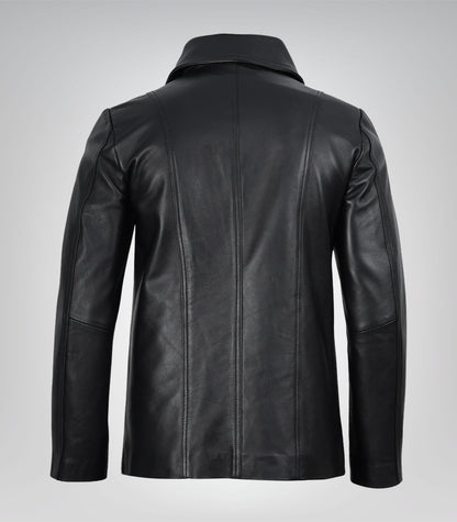 Stylish men’s black leather blazer featuring two-button design and notch lapel