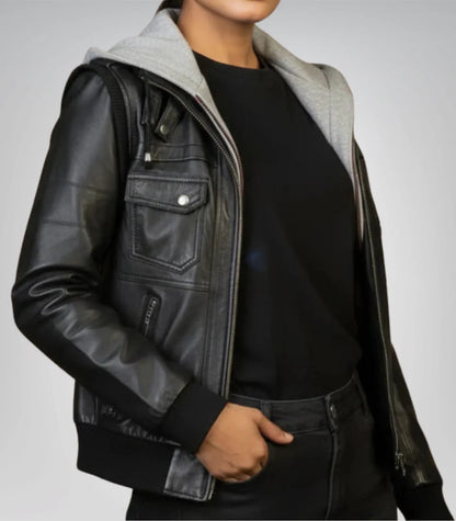 Women’s Hooded Black Lambskin Leather Jacket – Casual Everyday Style
