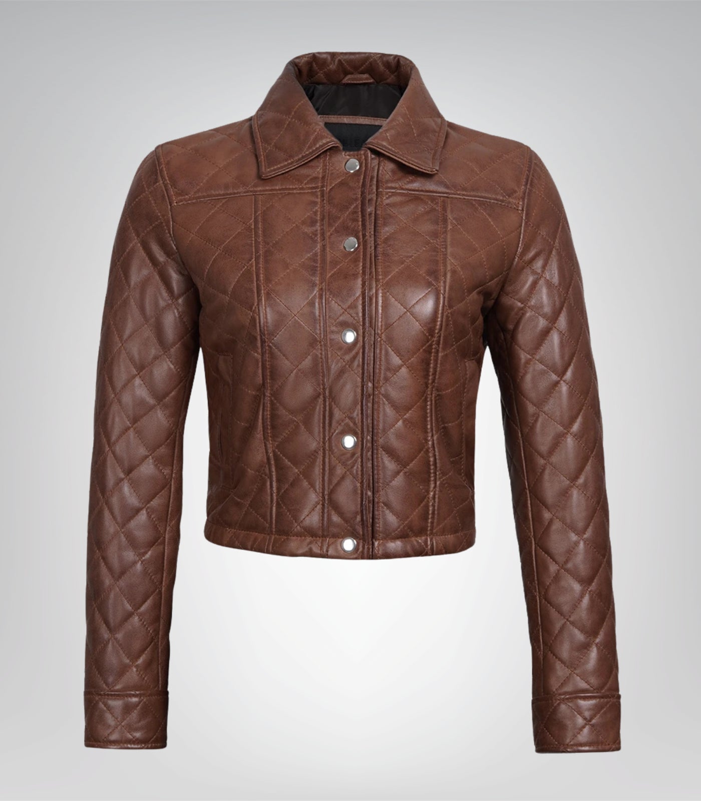 Stylish women’s cognac leather cropped jacket with quilted design