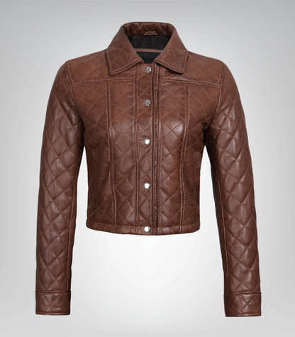 Stylish women’s cognac leather cropped jacket with quilted design