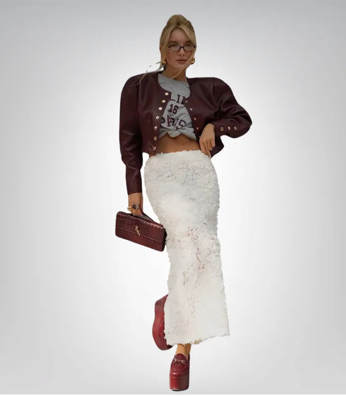 Burgundy leather bolero blazer for women – cropped fashionable jacket