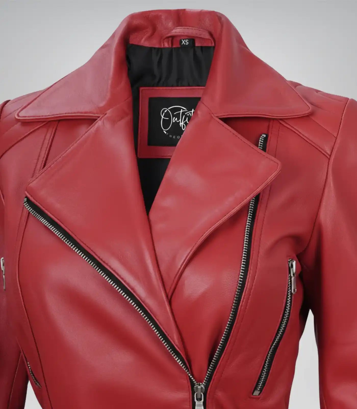 Stylish women’s red leather moto jacket with belt accent