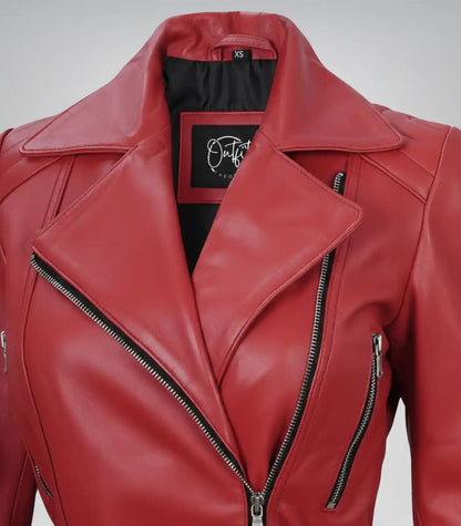 Stylish women’s red leather moto jacket with belt accent