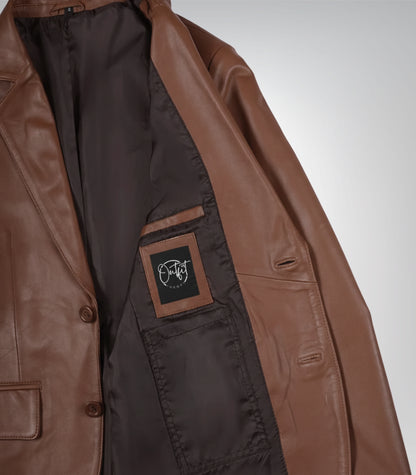 Stylish men’s cognac leather blazer jacket featuring two-button design