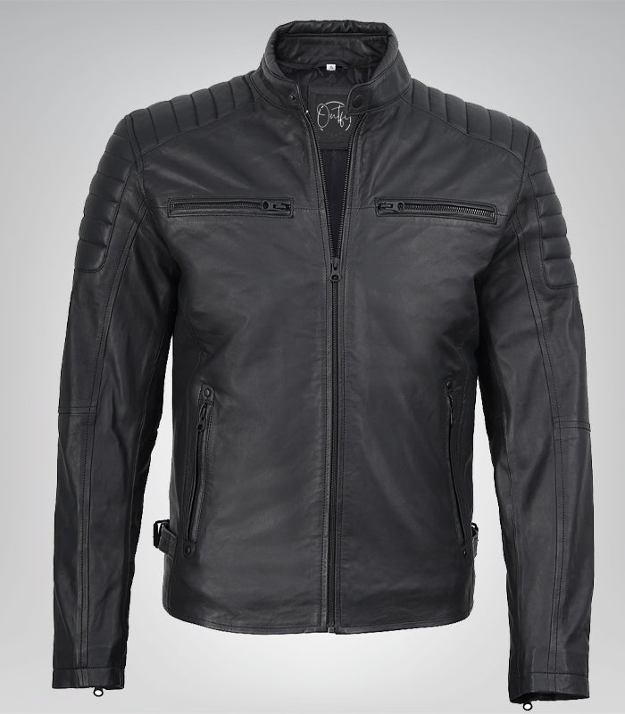 Men’s Matte Black Leather Moto Jacket Slim Fit Biker Style