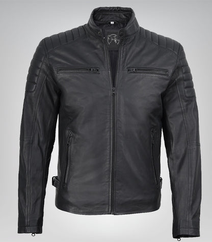 Men’s Matte Black Leather Moto Jacket Slim Fit Biker Style
