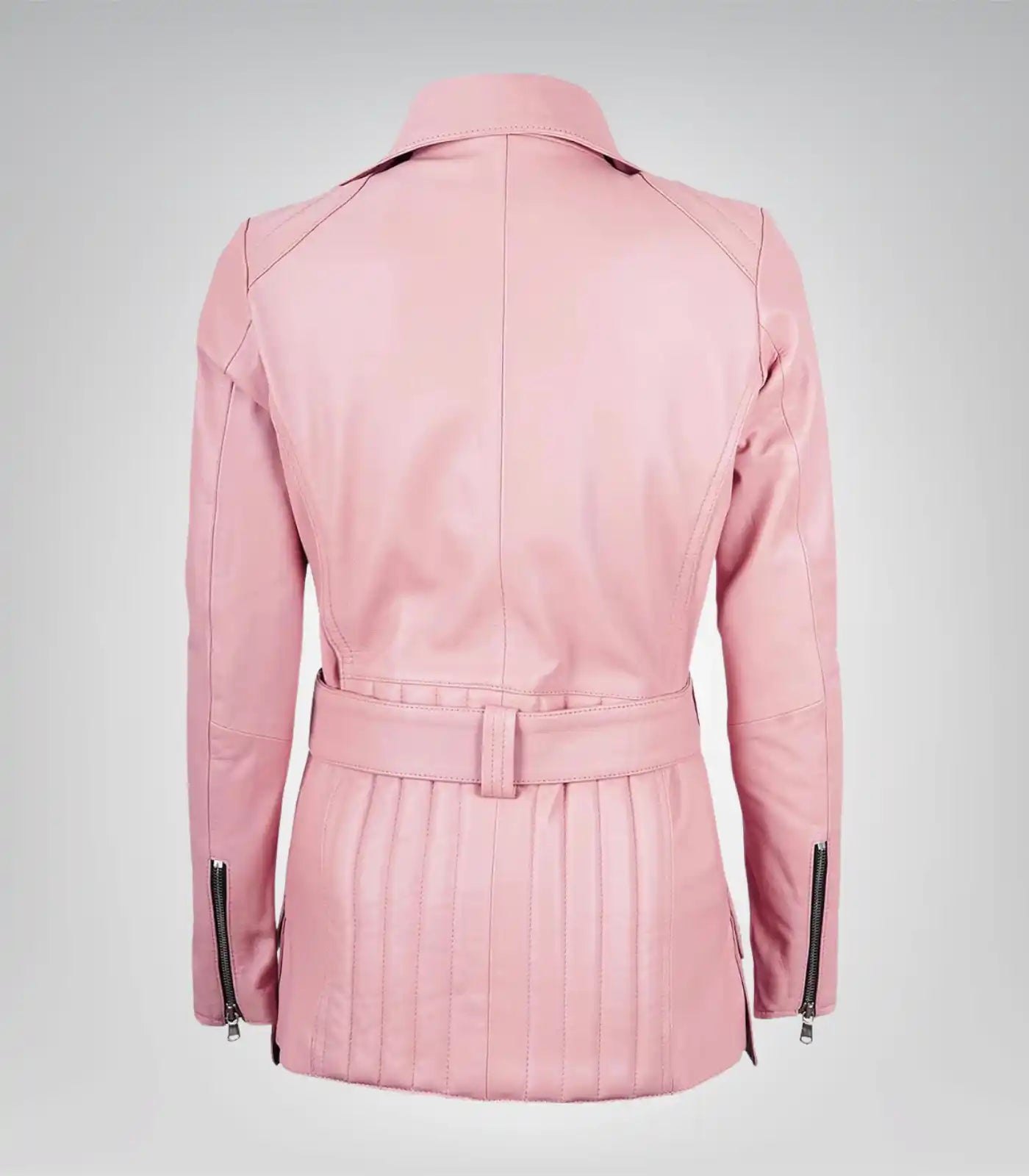 Stylish women’s pink long leather motorcycle jacket featuring belt design