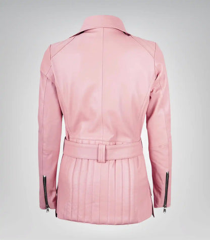 Stylish women’s pink long leather motorcycle jacket featuring belt design