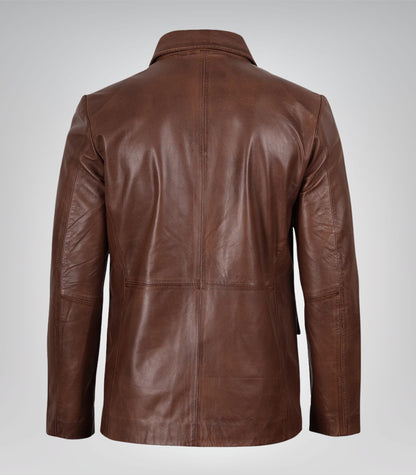 Stylish men’s cognac waxed leather blazer featuring two-button design