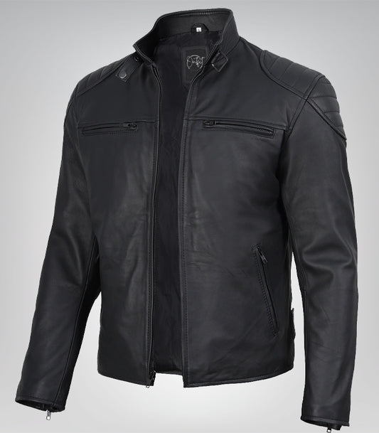 Men’s real leather biker jacket – matte black motorcycle style, 100% lambskin