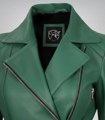 Stylish women’s green leather motorcycle jacket featuring belt design