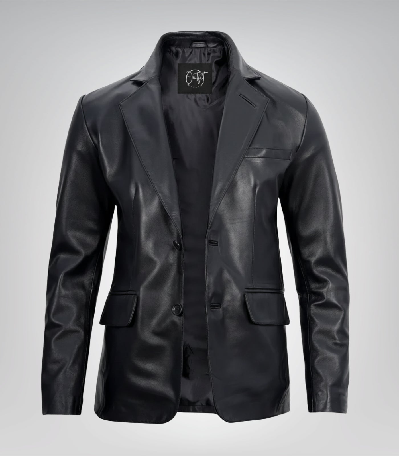 Men’s Two-Button Black Leather Blazer with Notch Lapel