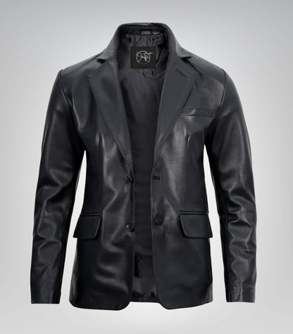 Men’s Two-Button Black Leather Blazer with Notch Lapel