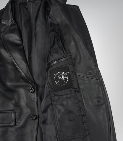 Stylish men’s black leather blazer featuring two-button design and notch lapel