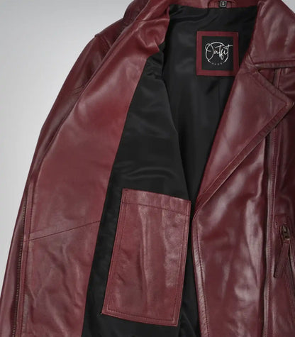 Stylish women’s burgundy lambskin leather motorcycle jacket design