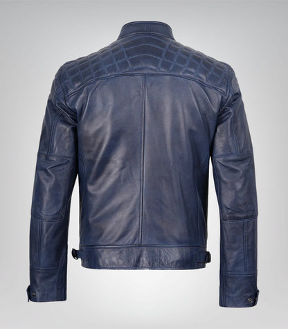 Men’s Blue Waxed Leather Biker Jacket with Quilted Shoulders
