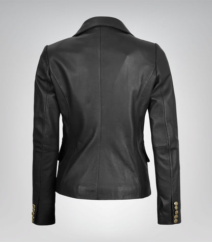 Stylish Kim women’s black leather double-breasted blazer
