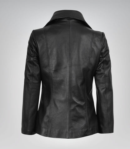 Stylish women’s black leather blazer featuring two-button design