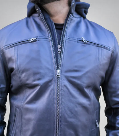 Premium hooded black leather jacket for men – real leather biker design