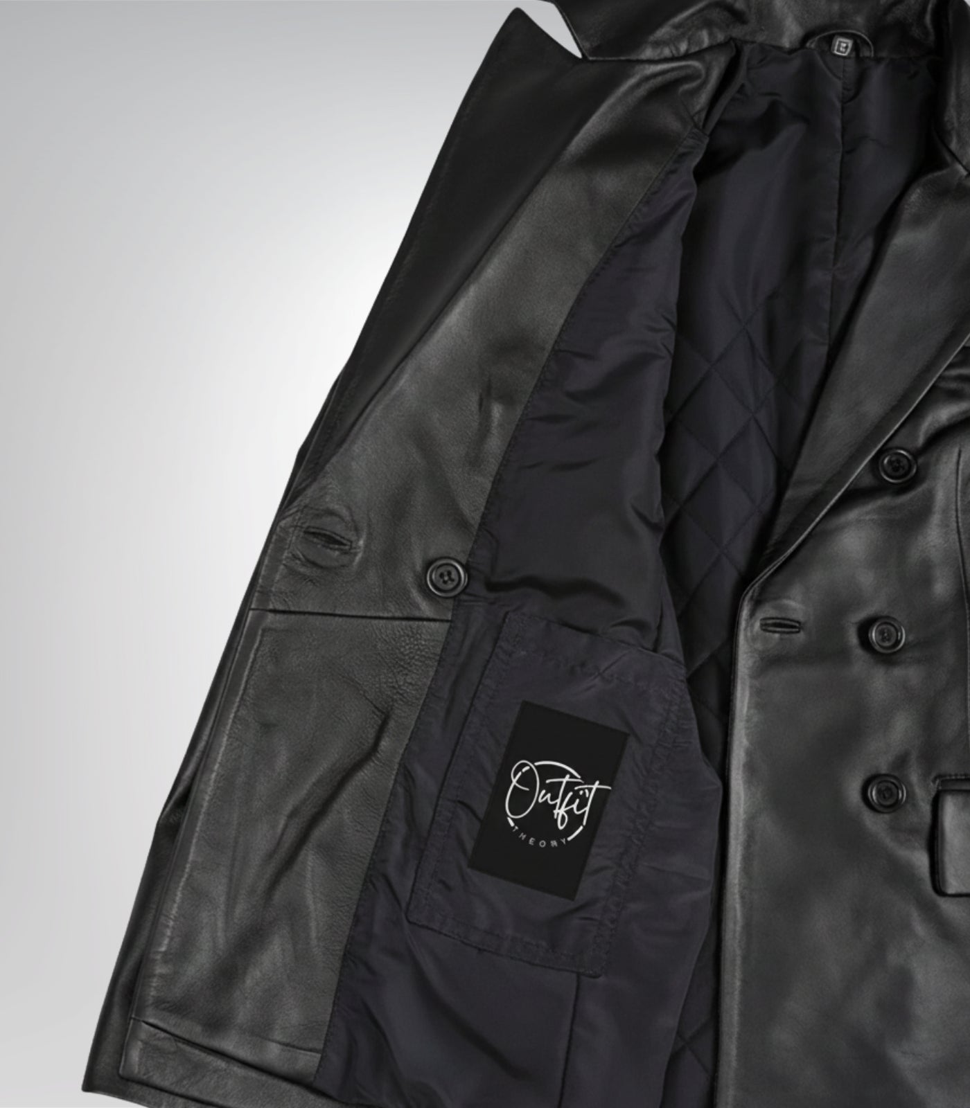 Stylish women’s black leather double-breasted coat