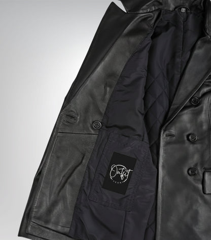Stylish women’s black leather double-breasted coat