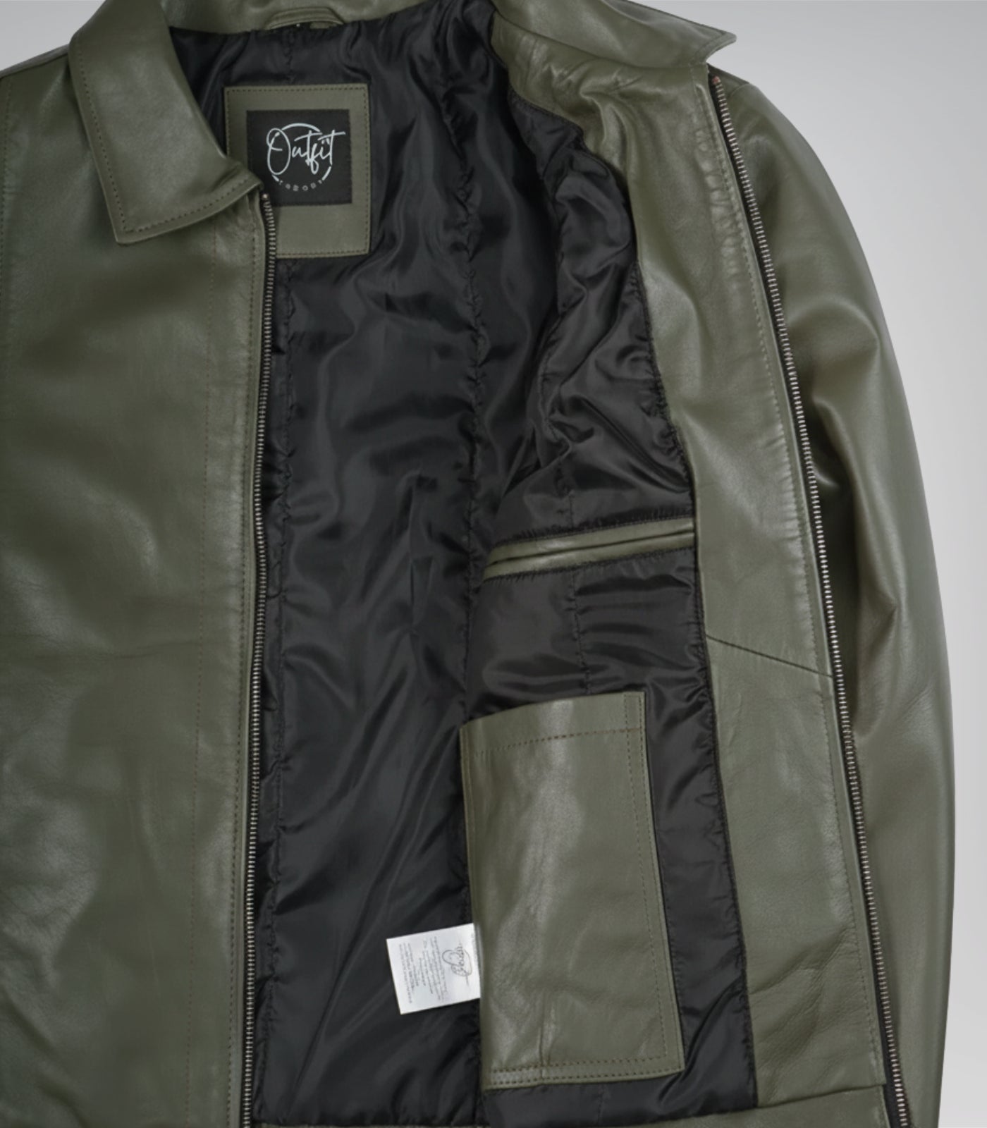 Men’s Olive Green Leather Jacket with Classic Shirt Collar
