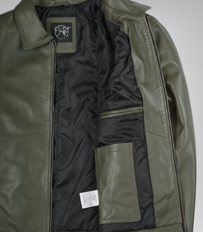 Men’s Olive Green Leather Jacket with Classic Shirt Collar