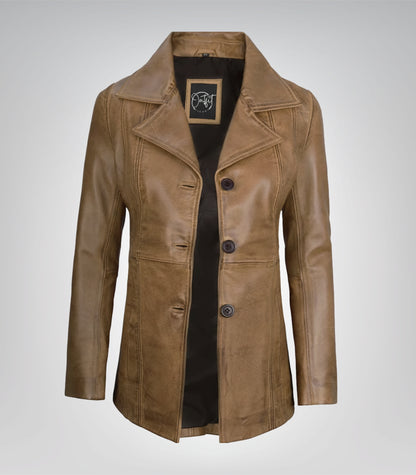 Stylish women’s camel leather blazer featuring three-button design