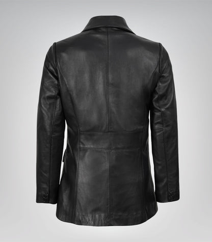 Stylish Shannon women’s black leather blazer featuring two-button design