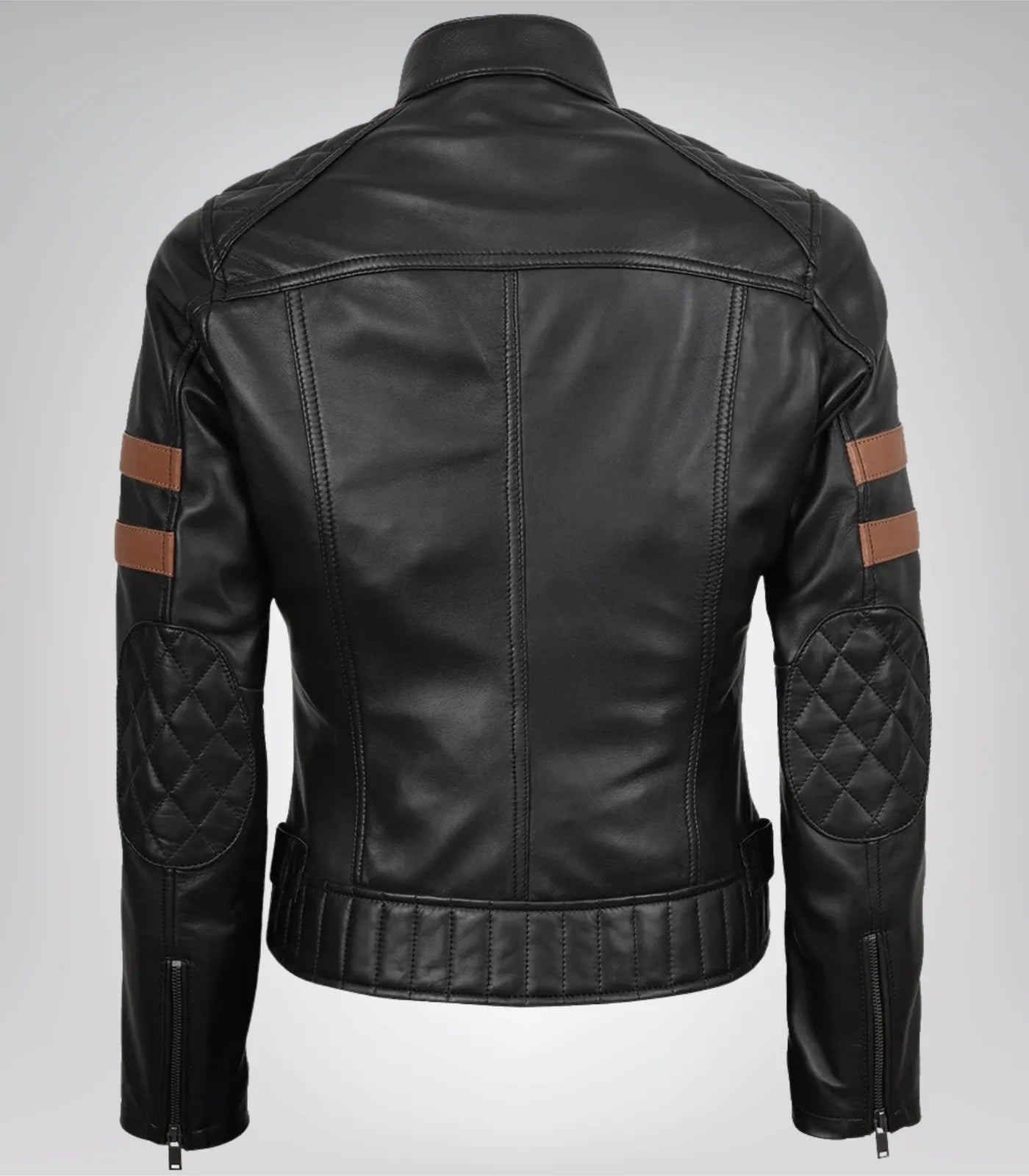 Black moto jacket for women – real leather with amber racing stripe accent