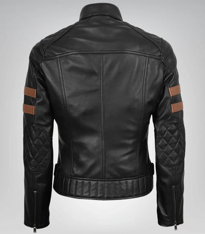 Black moto jacket for women – real leather with amber racing stripe accent