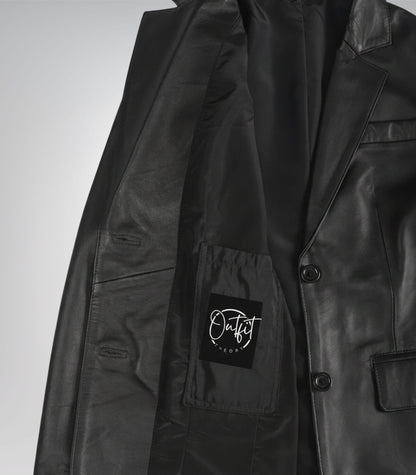 Stylish women’s black leather blazer featuring two-button design