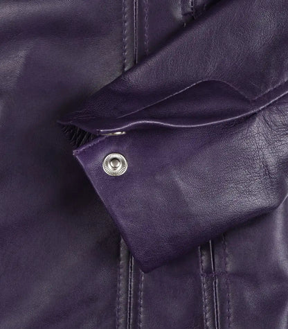 Stylish women’s purple leather blazer featuring three-button design